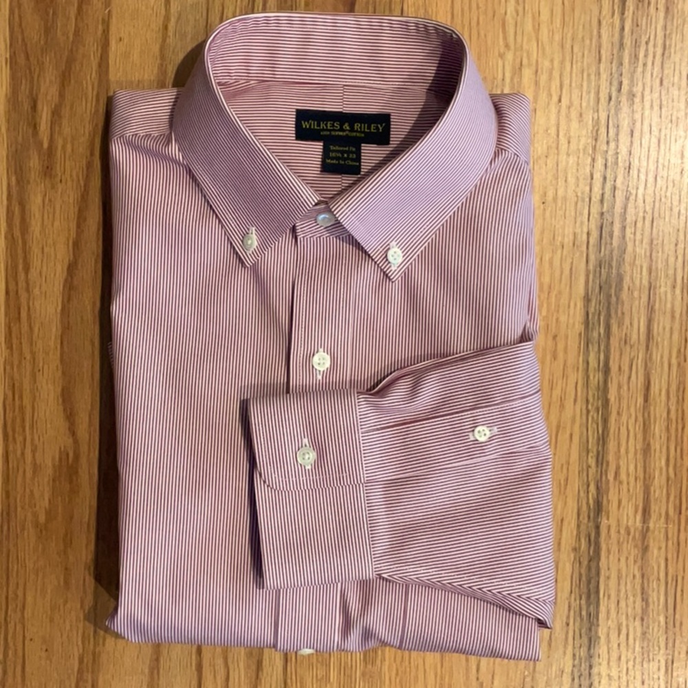 Wilkes & Riley: SHIRT - Red Pinstripe - Tailored Fit 16 1/2 x 33 - Supima
